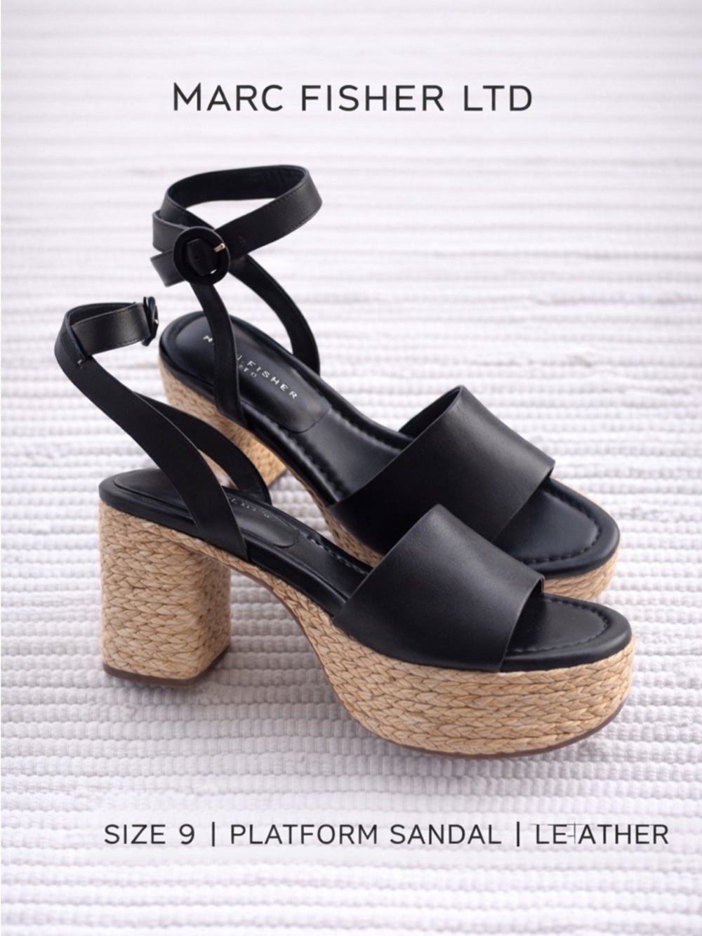 Marc Fisher LTD Black Leather Espadrille Platform Sandals Size 9